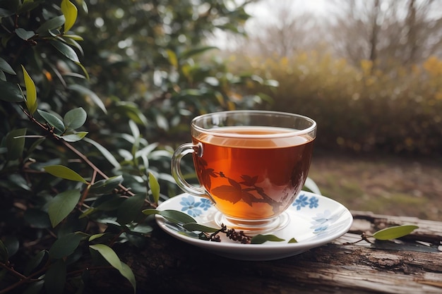 Side view a cup of tea a cup of tea next to the tree branches