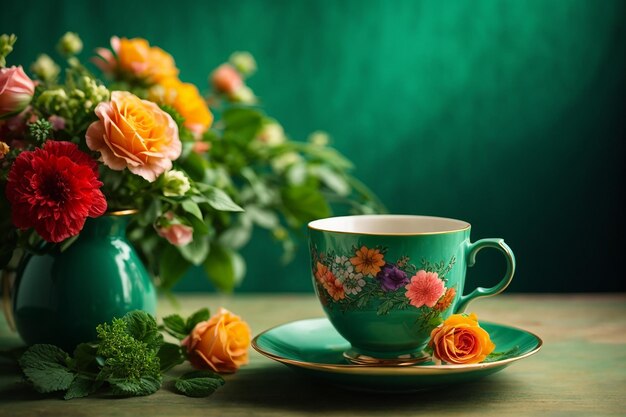 Side view of cup of tea on saucer and flower bouquet on green background