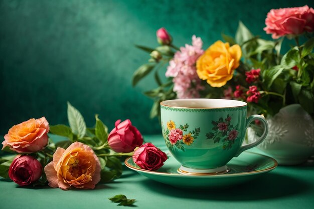 Side view of cup of tea on saucer and flower bouquet on green background