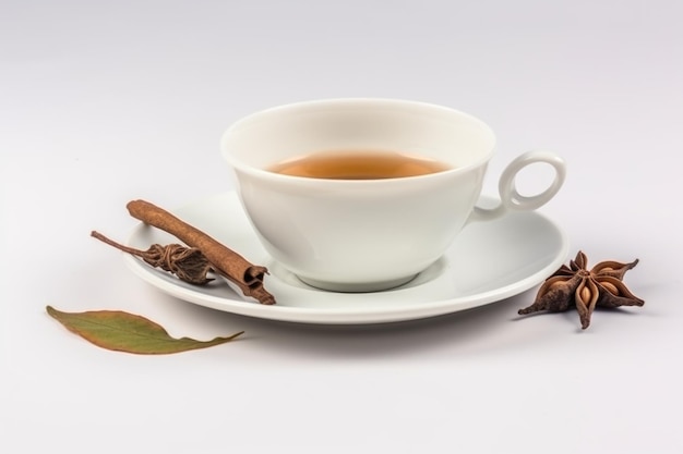 Side view cups of tea cinnamon anise on white background