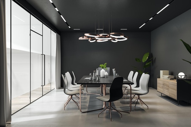 Side view on dark meeting room interior design with stylish lamp above black conference table with vases white chairs on concrete floor black walls and glass door 3D rendering