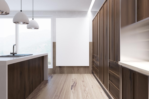 Side view of a dark wooden kitchen interior with a wooden floor, panoramic windows, a white bar stand with stools and white ceiling lamps. 3d rendering mock up