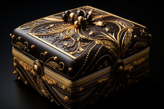 Side view decorated chocolate candy in a black gold box