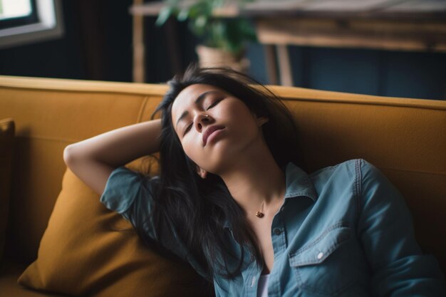 side view of depressed woman with hand in hair reclining on sofa at home