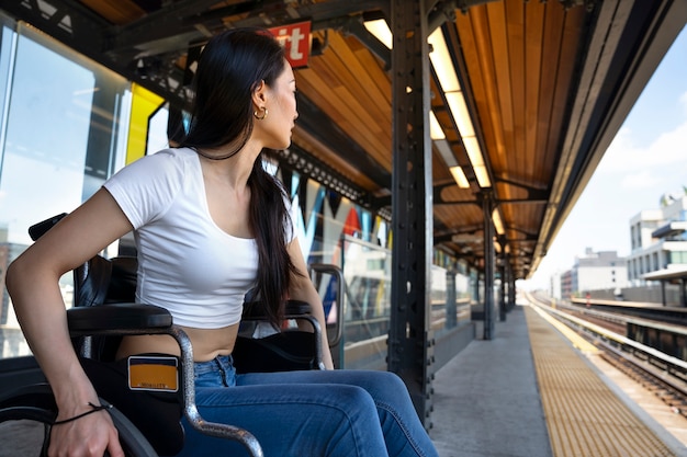 Donna disabile di vista laterale che aspetta il treno