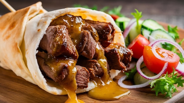 Side view of doner kebab wrapped in lavash with fresh salad on wooden board