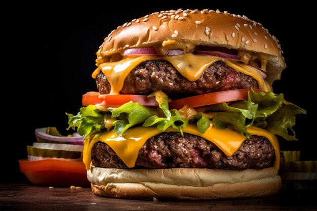 Side view double cheeseburger with grilled beef patties cheese and lettuce leaf between burger buns