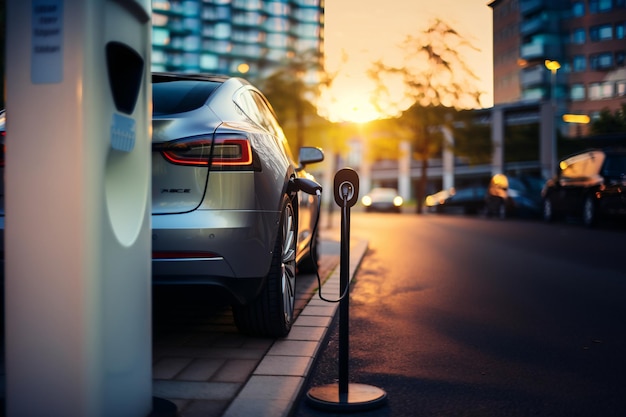 Вид сбоку на зарядку электромобиля на парковке, созданный AI