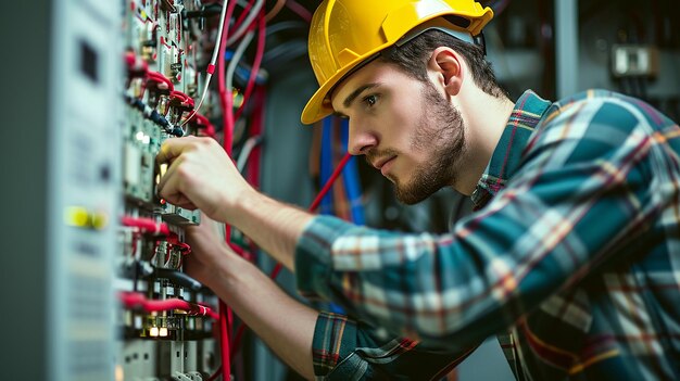 Photo side view on electrician man installing electric switchboard system professional in work process