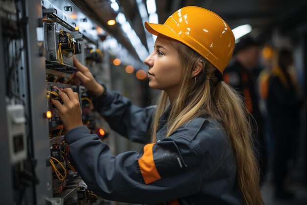 Photo side view on electrician woman installing electric switchboard system professional in work process