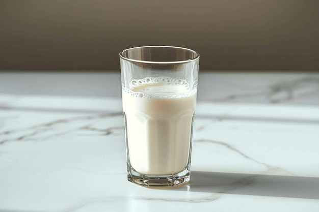 Side view elegance Glass of milk on white table gray background