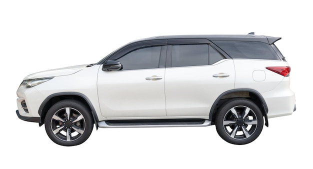 side view of elegant clean white suv sports car isolated on white background with clipping path