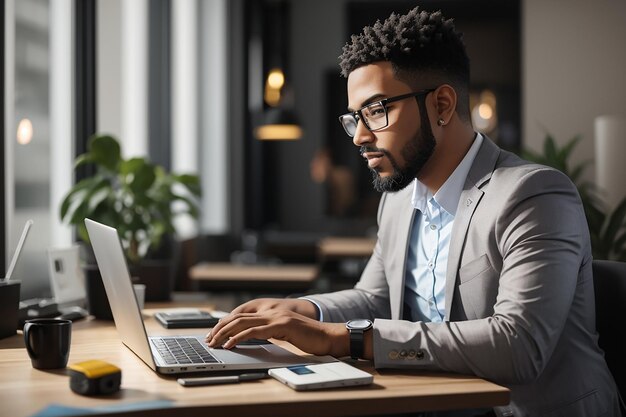 Side view entrepreneur working on laptop