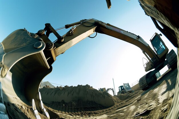 Side view of excavator arm and bucket fisheye making it loom large