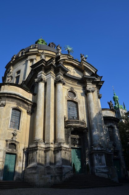 Side view of the facade of a european christian cathedral