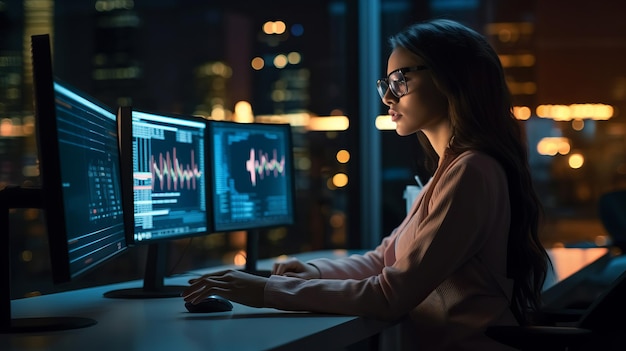 Side view Female data analyst working late in her office by monitor