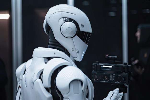 Side view of female robot holding remote controller and looking at camera in dark room Man rear view closeup and a futuristic AI robot Ai Generated