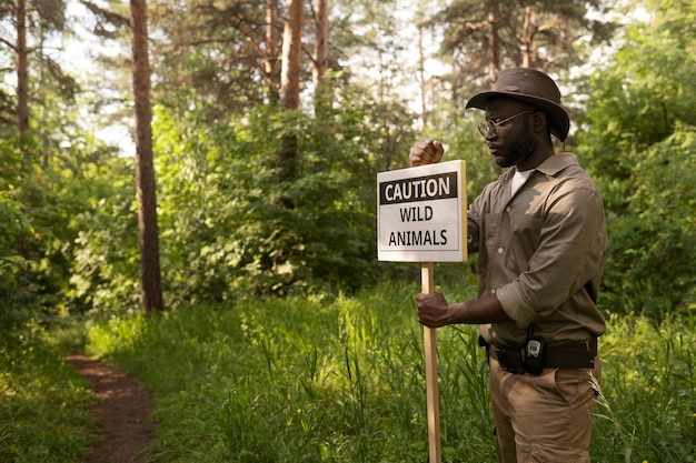 Photo side view forest warden putting warning sign