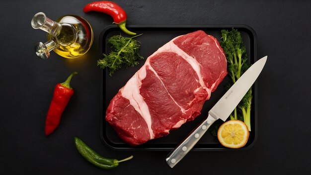 Side view of fresh raw red meat on black tray pepper vegetables fallen oil bottle knife on dark col