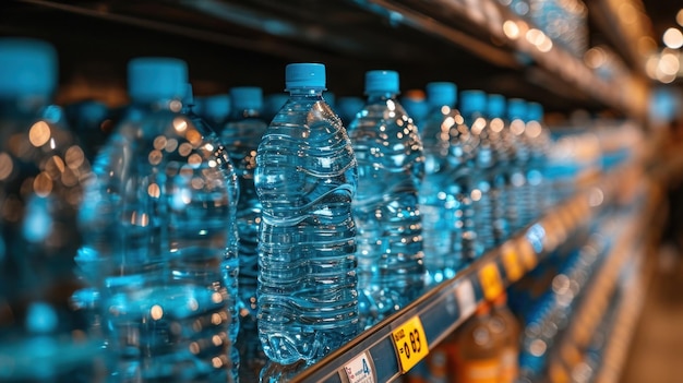 Side view of fridge shelves in supermarket with bottles of water Generative AI