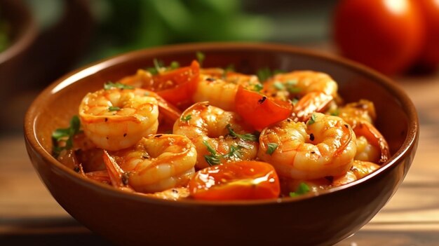 Side view fried shrimps in sauce with tomatoes and herbs