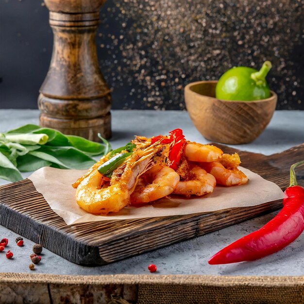 Photo side view of fried shrimps with red and green peppers on a wooden cutting board