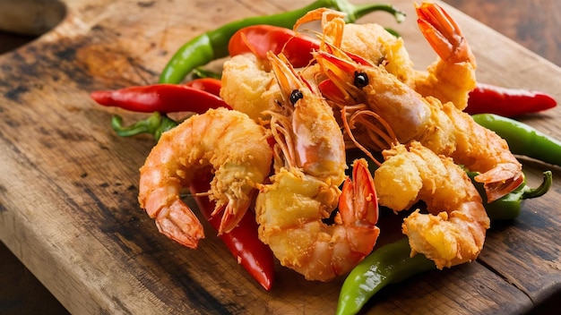 Side view of fried shrimps with red and green peppers on a wooden cutting board
