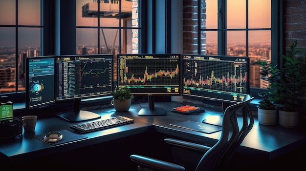 The side view from a computer desk with multiple screens displaying stock market trading and candle stick charts beautiful Generative AI AIG32