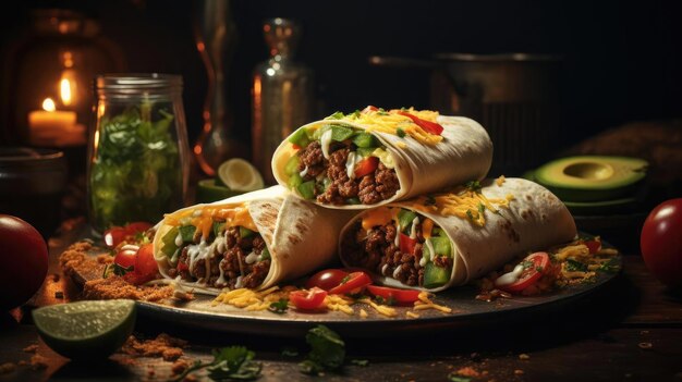 Side View of full of burritos with vegetables and meat on a wooden table with blurred background