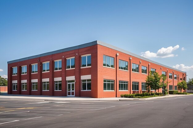 Photo side view on the generic red brick office building with parking lot