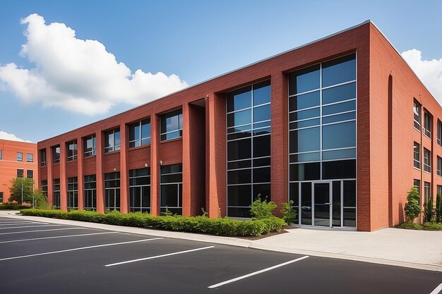 Photo side view on the generic red brick office building with parking lot