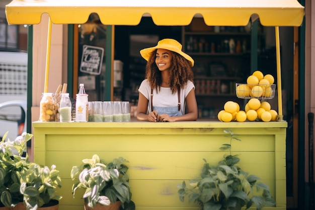 Photo side view girl selling lemonade