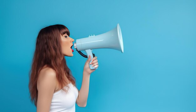 Side view girl speaking on a megaphone blue background