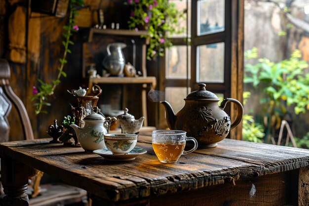 Photo side view glass of tea with baklava and lemon and jam in table