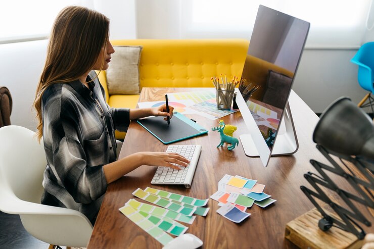 Photo side view of graphic designer working at desk