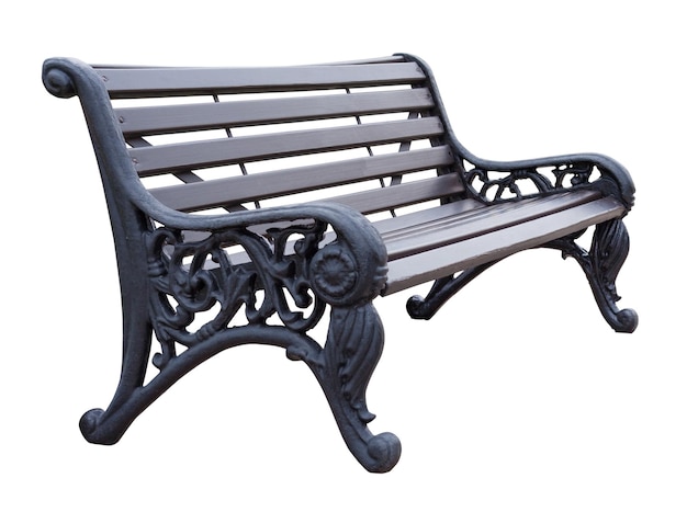 side view on a gray wooden bench with wrought legs with ornate patterns isolated on a white background design element