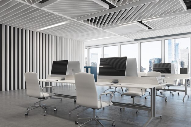 Side view of a gray wooden wall open space office interior with panoramic windows and rows of tables with blank computer monitors. 3d rendering mock up