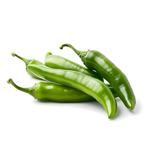 side view green chili peppers white backgound