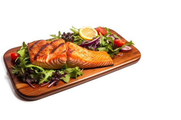 Photo side view grilled salmon with salad on a wooden white background