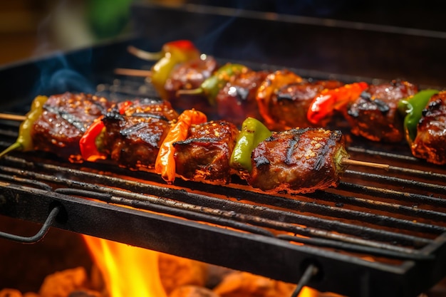 Side view grilled steak with rosemary and green pepper and mushrooms in barbecue