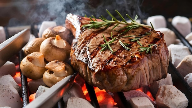 Side view grilled steak with rosemary and mushrooms and barbecue tongs in barbecue