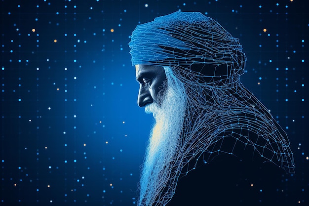 Side view Guru Nanak illustratie met blauwe neurale achtergrond