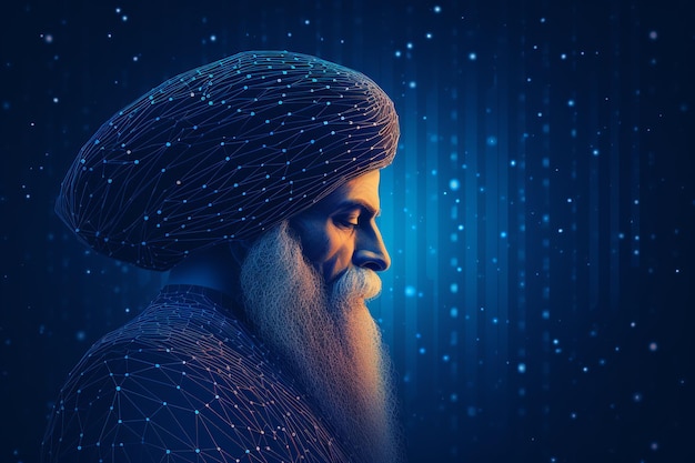 Side view Guru Nanak illustratie met blauwe neurale achtergrond