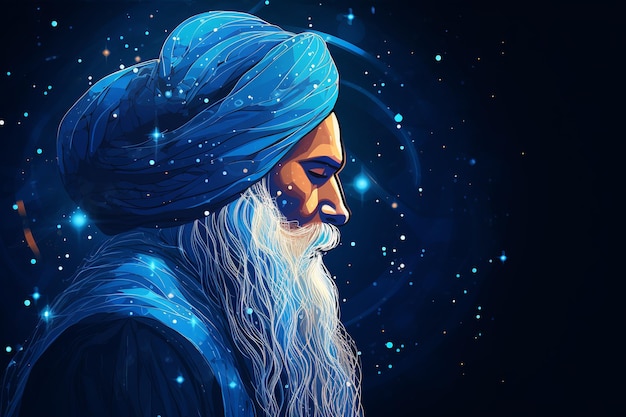 side view guru nanak illustration with blue neural background