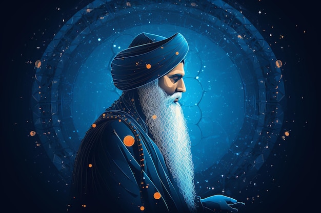 side view guru nanak illustration with blue neural background