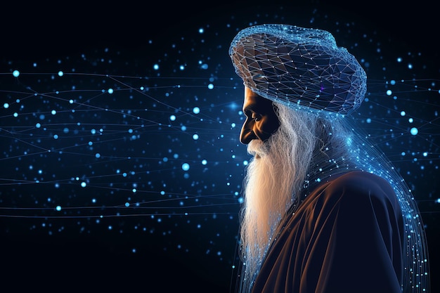 side view guru nanak illustration with blue neural background