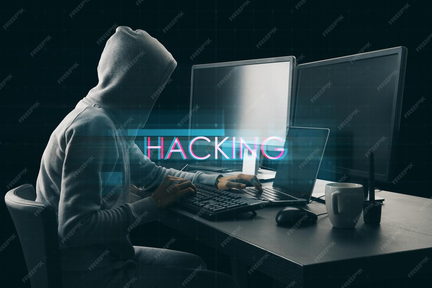 Premium Photo | Side view of hacker at desktop using computers with ...
