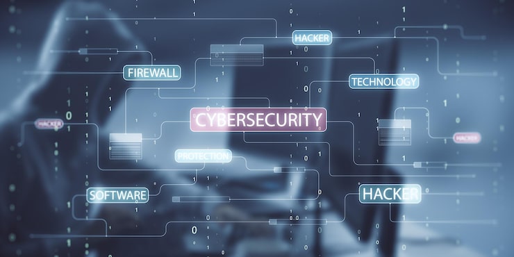 Photo side view of hacker sitting at desk and using computers with glowing hacking hologram with binary code and lines cybersecurity firewall technology and software protection concept double exposure