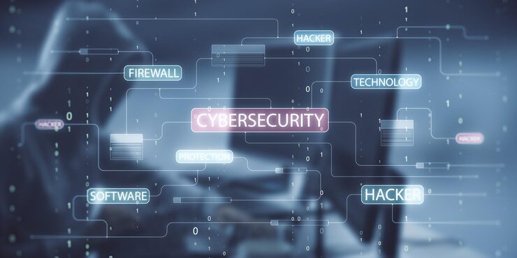 Photo 坐在辦公桌旁使用電腦的黑客的側觀,用二進制代碼和行來顯示發光的黑客全息圖網絡安全防火牆技術和軟件保護概念雙重曝光