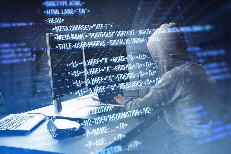 Photo side view of hacker using computers at desk with creative digital programming language on blurry background software developer hacking malware and html concept double exposure